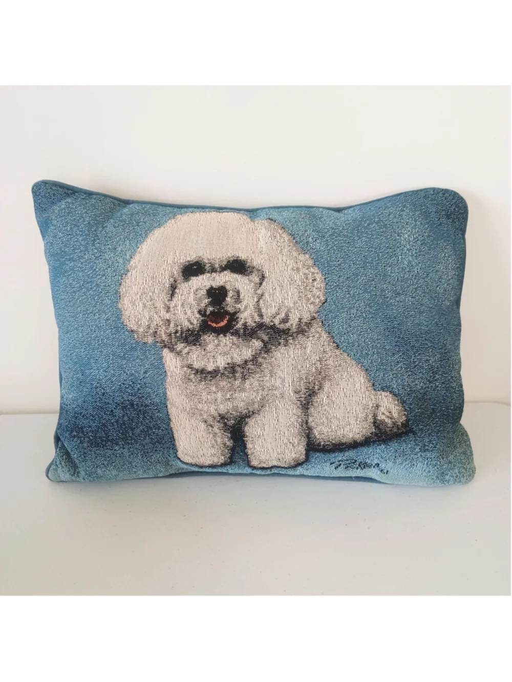 Linda Picken Bichon Frise Dog Blue Tapestry Throw Decor Pillow